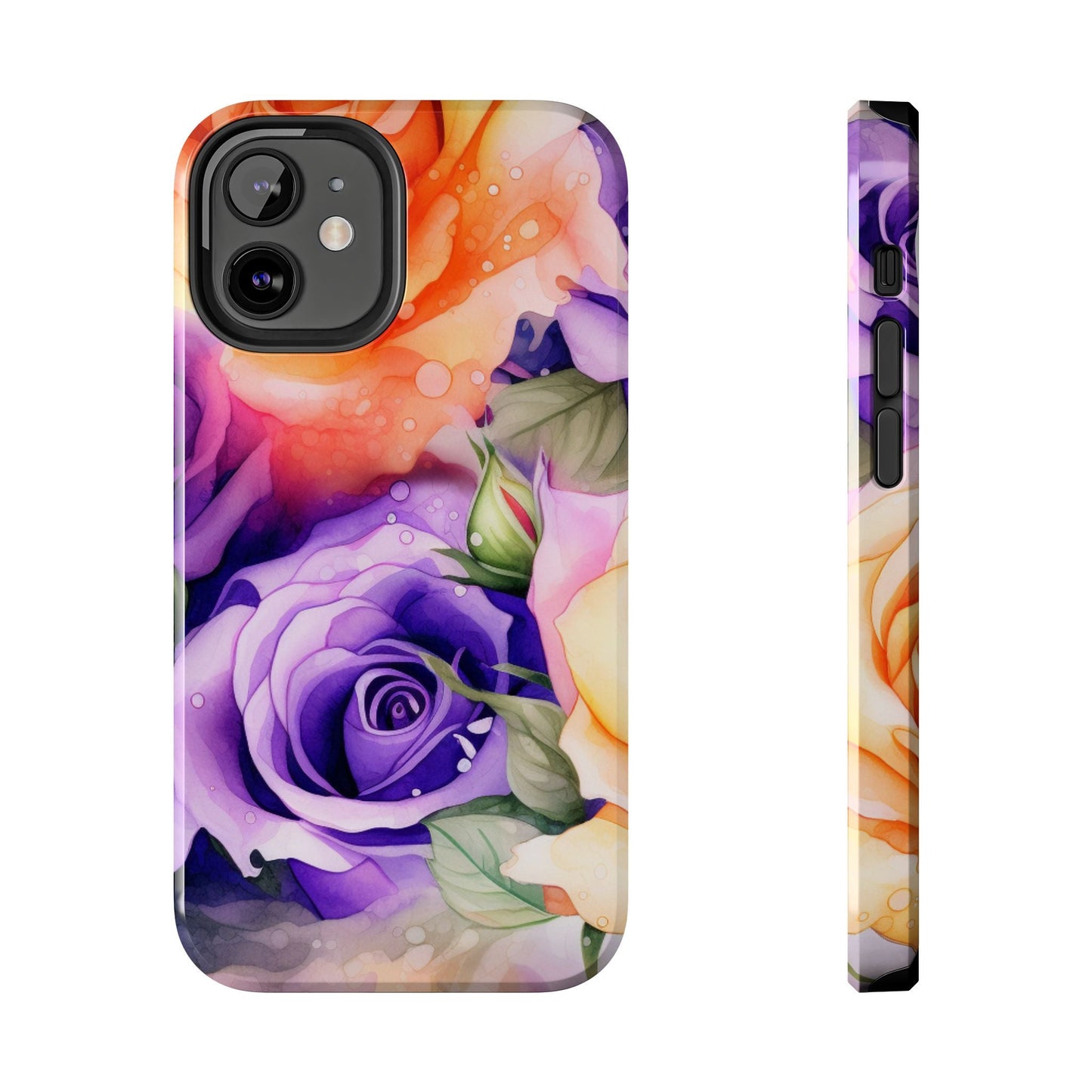 Vibrant Purple & Orange Rose iPhone Case – Watercolor Floral Aesthetic with Shockproof Protection - BOGO Cases