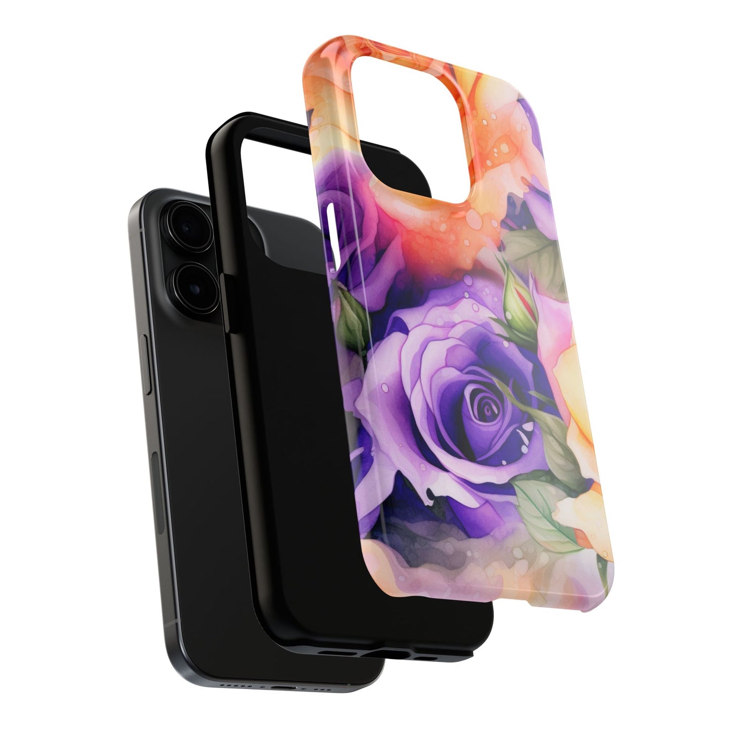 Vibrant Purple & Orange Rose iPhone Case – Watercolor Floral Aesthetic with Shockproof Protection - BOGO Cases