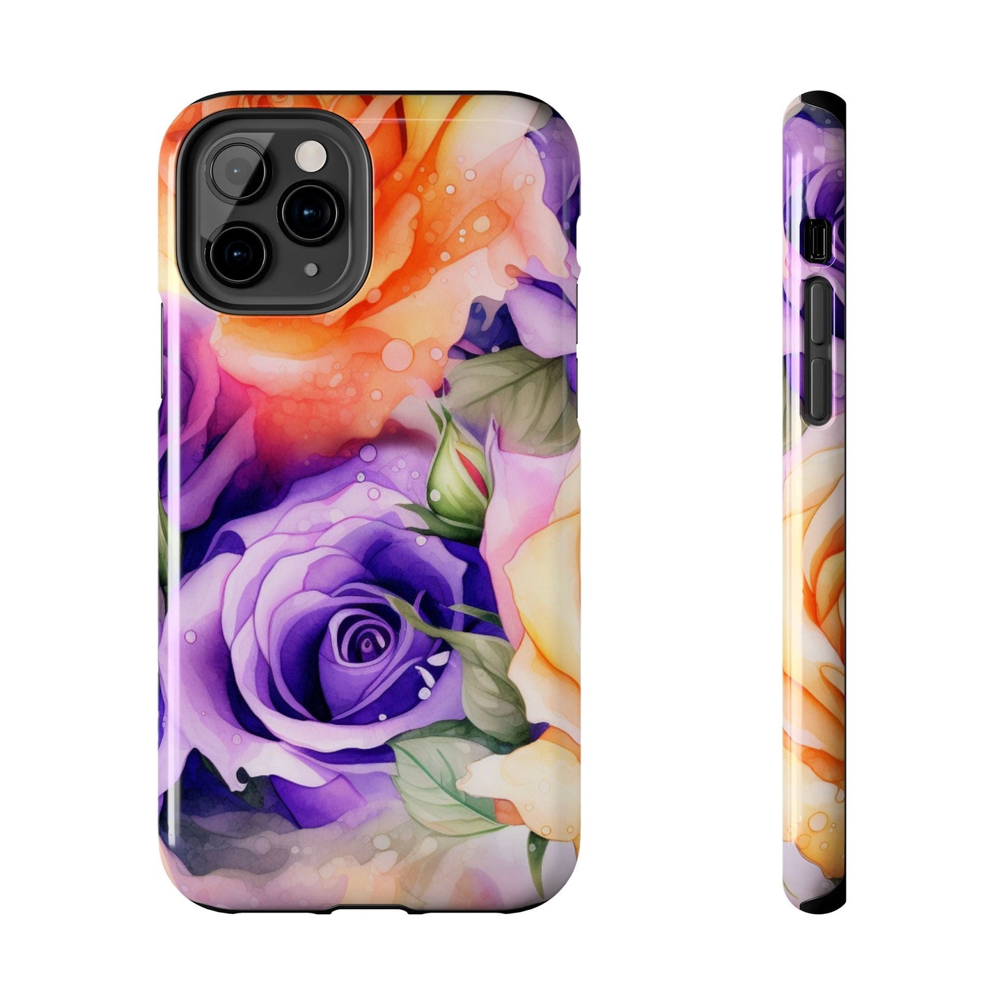 Vibrant Purple & Orange Rose iPhone Case – Watercolor Floral Aesthetic with Shockproof Protection - BOGO Cases
