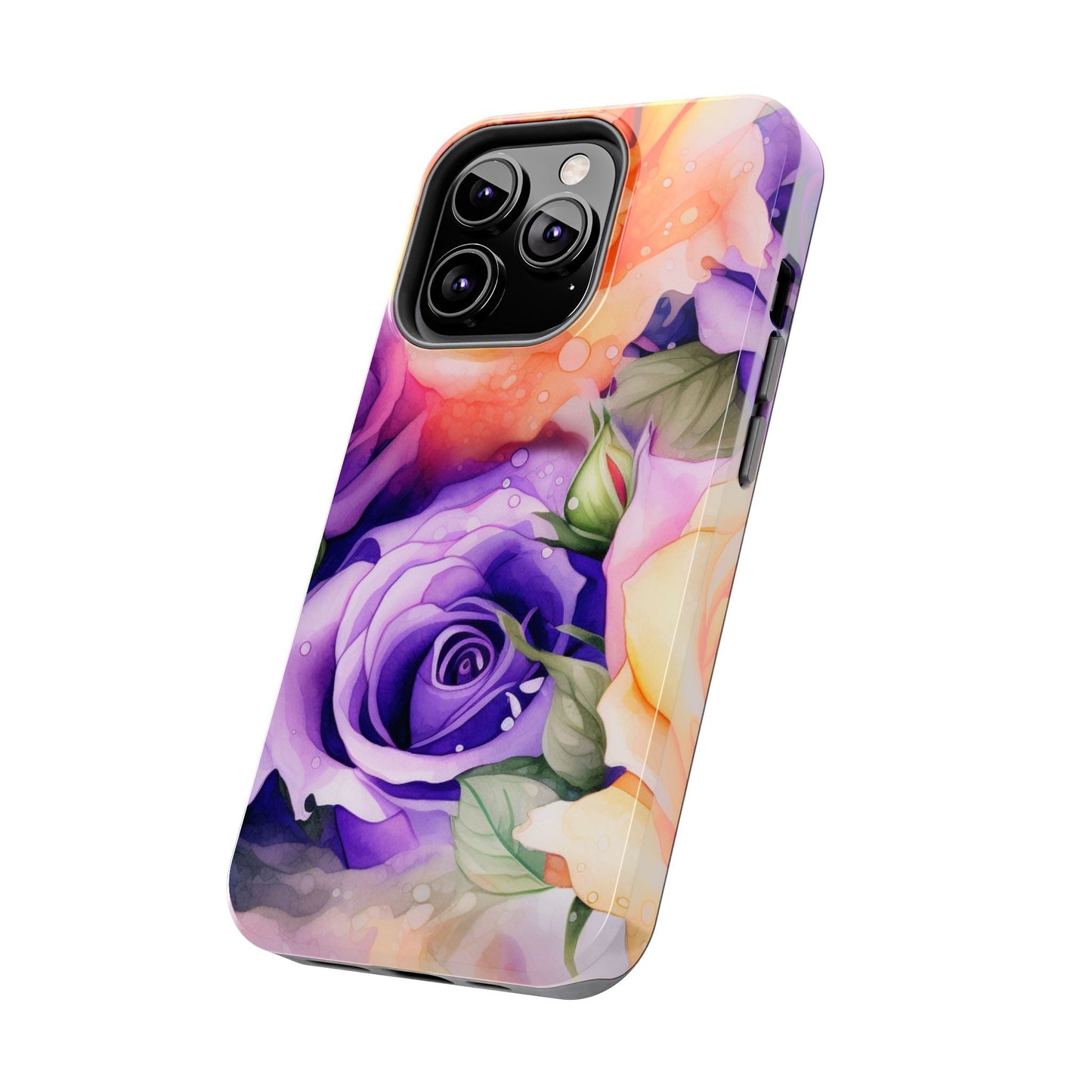 Vibrant Purple & Orange Rose iPhone Case – Watercolor Floral Aesthetic with Shockproof Protection - BOGO Cases
