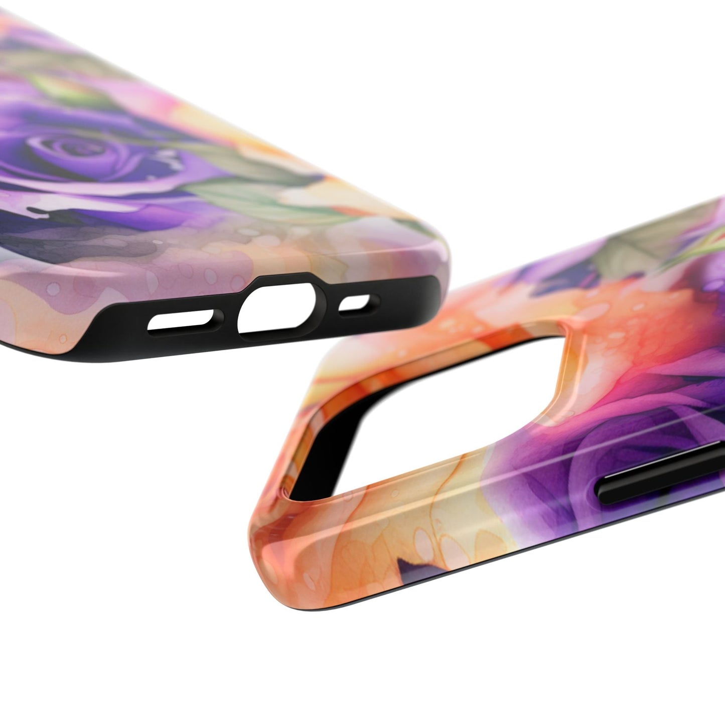 Vibrant Purple & Orange Rose iPhone Case – Watercolor Floral Aesthetic with Shockproof Protection - BOGO Cases