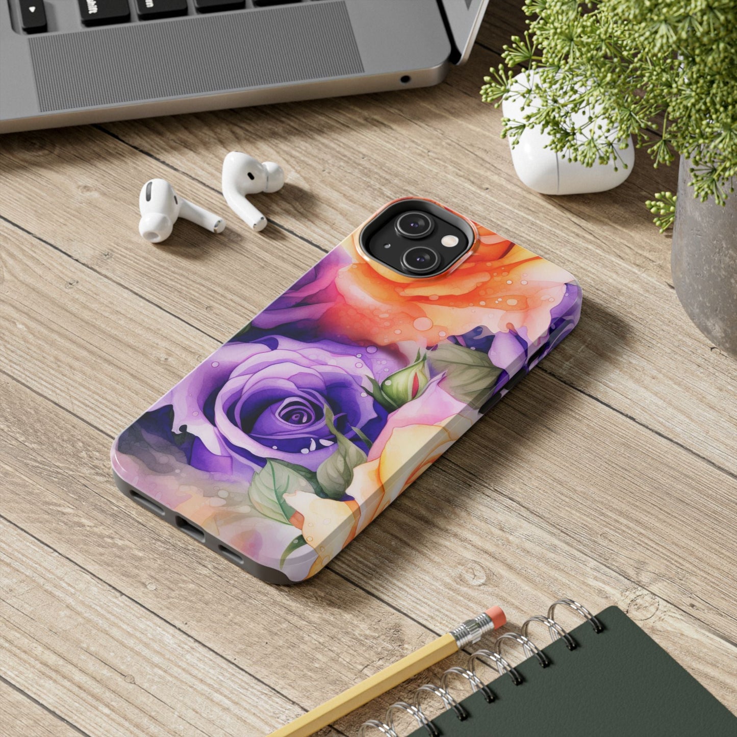 Vibrant Purple & Orange Rose iPhone Case – Watercolor Floral Aesthetic with Shockproof Protection - BOGO Cases