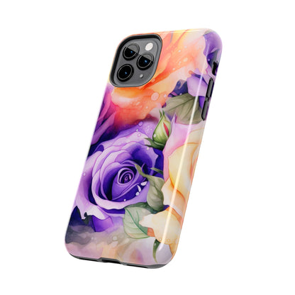 Vibrant Purple & Orange Rose iPhone Case – Watercolor Floral Aesthetic with Shockproof Protection - BOGO Cases