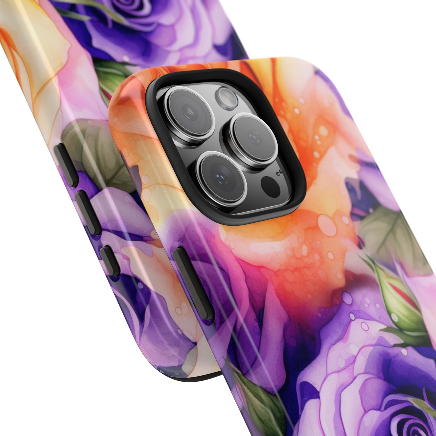 Vibrant Purple & Orange Rose iPhone Case – Watercolor Floral Aesthetic with Shockproof Protection - BOGO Cases