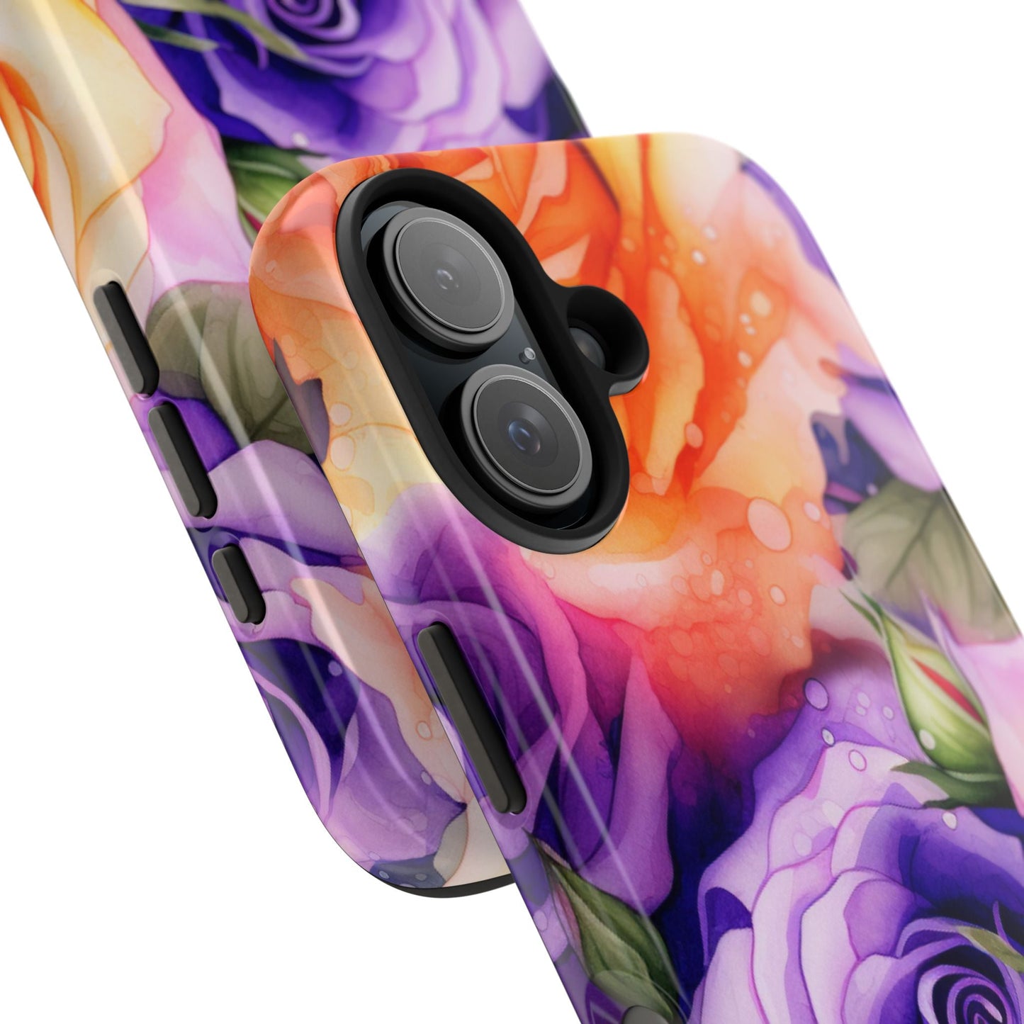 Vibrant Purple & Orange Rose iPhone Case – Watercolor Floral Aesthetic with Shockproof Protection - BOGO Cases