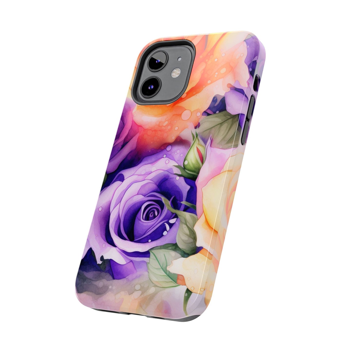 Vibrant Purple & Orange Rose iPhone Case – Watercolor Floral Aesthetic with Shockproof Protection - BOGO Cases