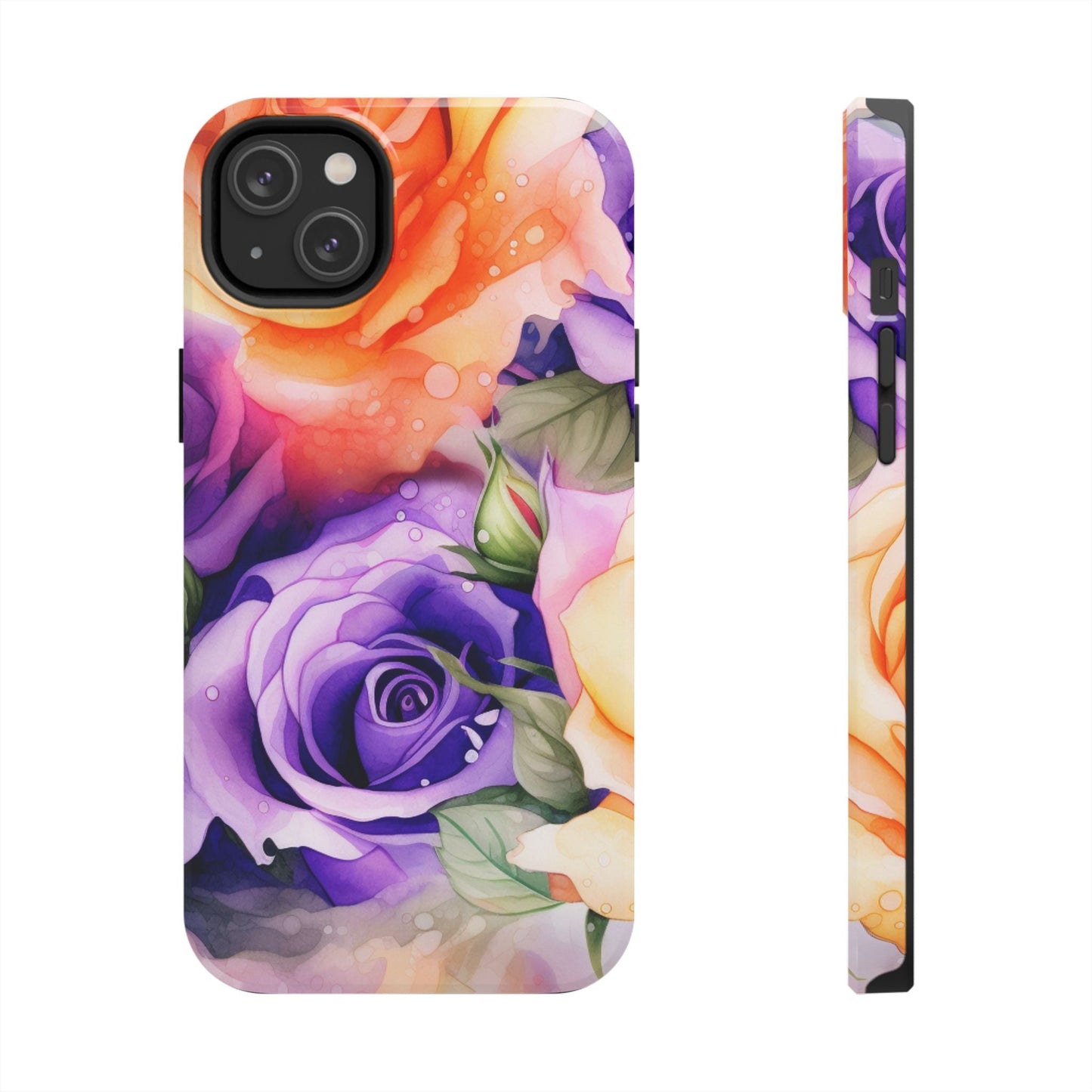 Vibrant Purple & Orange Rose iPhone Case – Watercolor Floral Aesthetic with Shockproof Protection - BOGO Cases