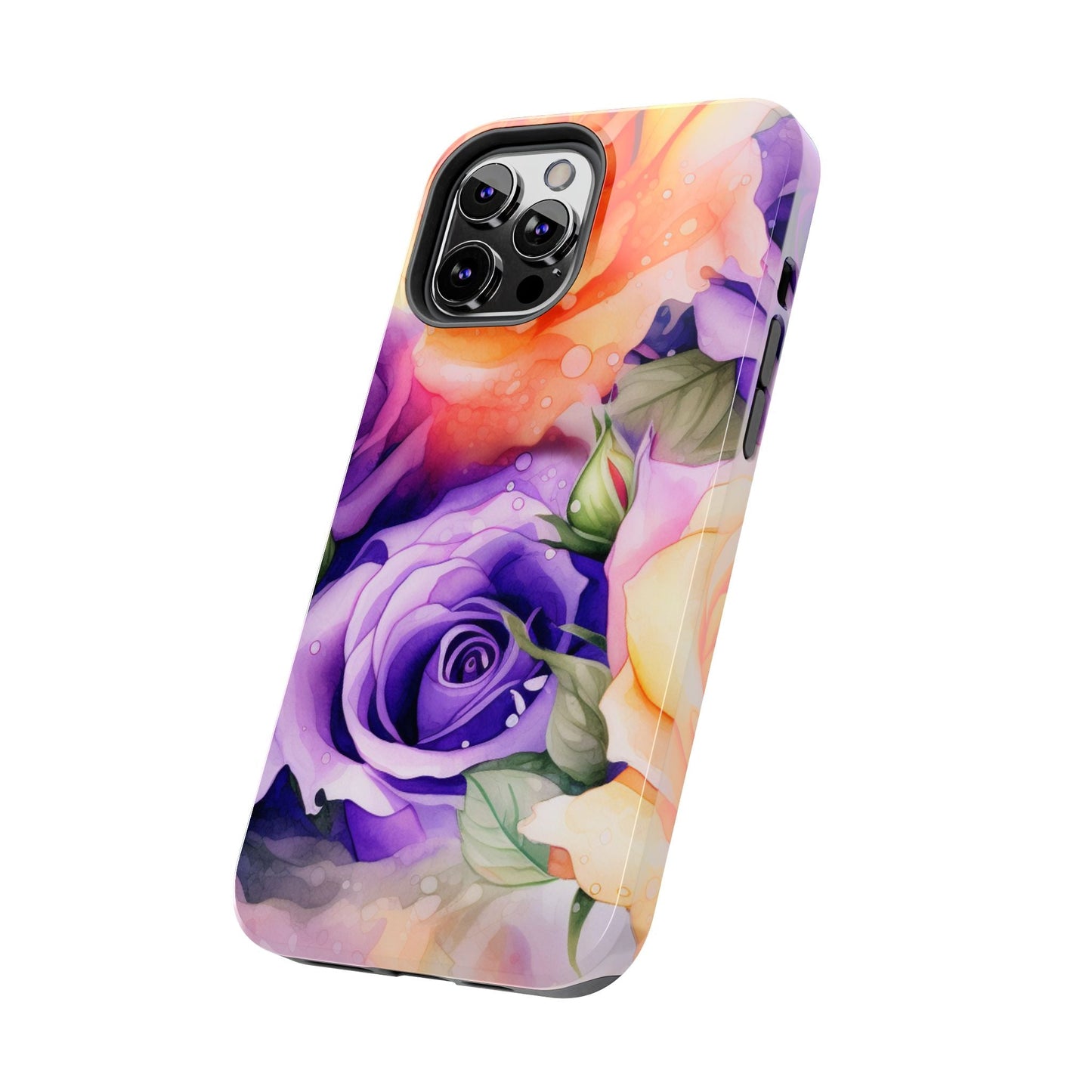 Vibrant Purple & Orange Rose iPhone Case – Watercolor Floral Aesthetic with Shockproof Protection - BOGO Cases