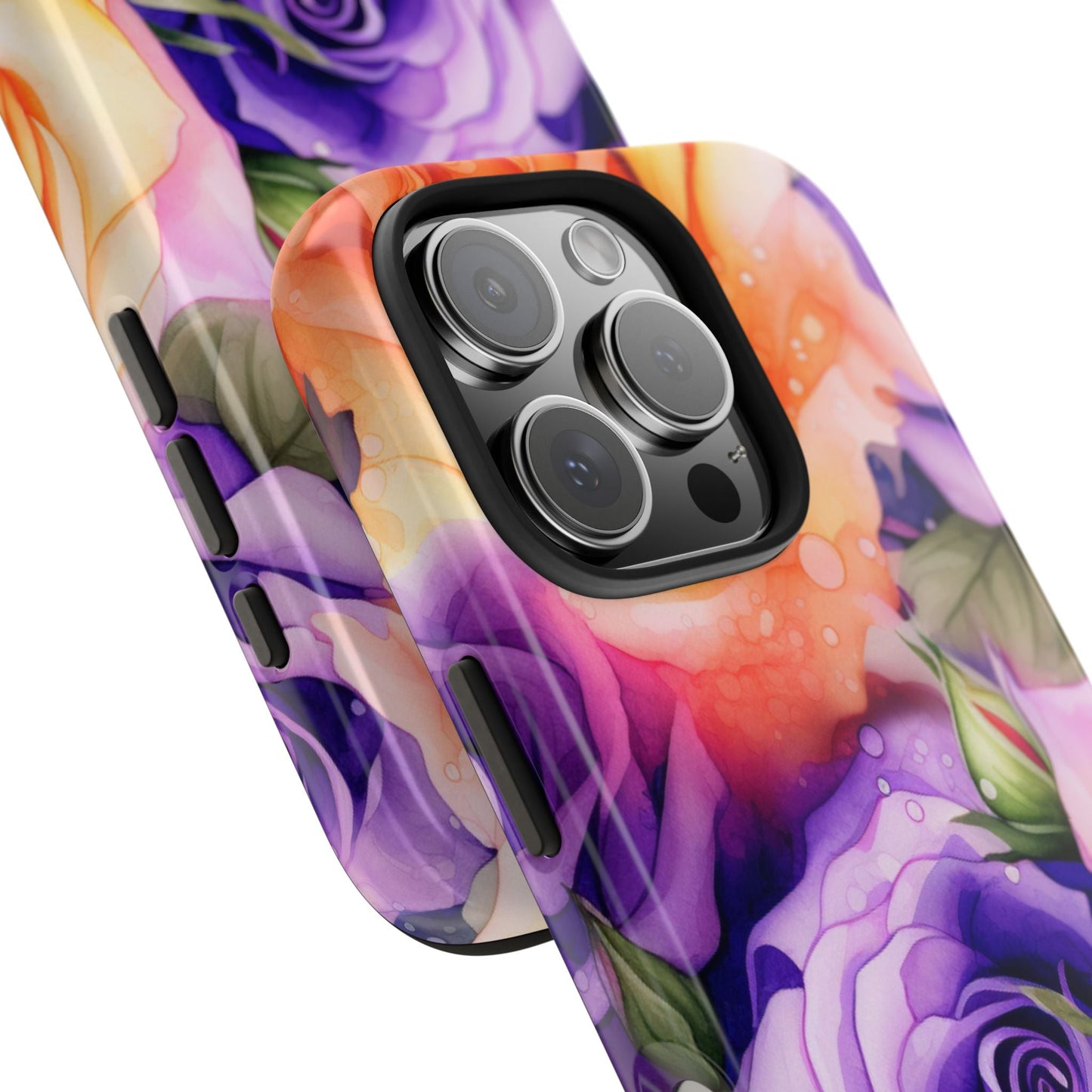 Vibrant Purple & Orange Rose iPhone Case – Watercolor Floral Aesthetic with Shockproof Protection - BOGO Cases
