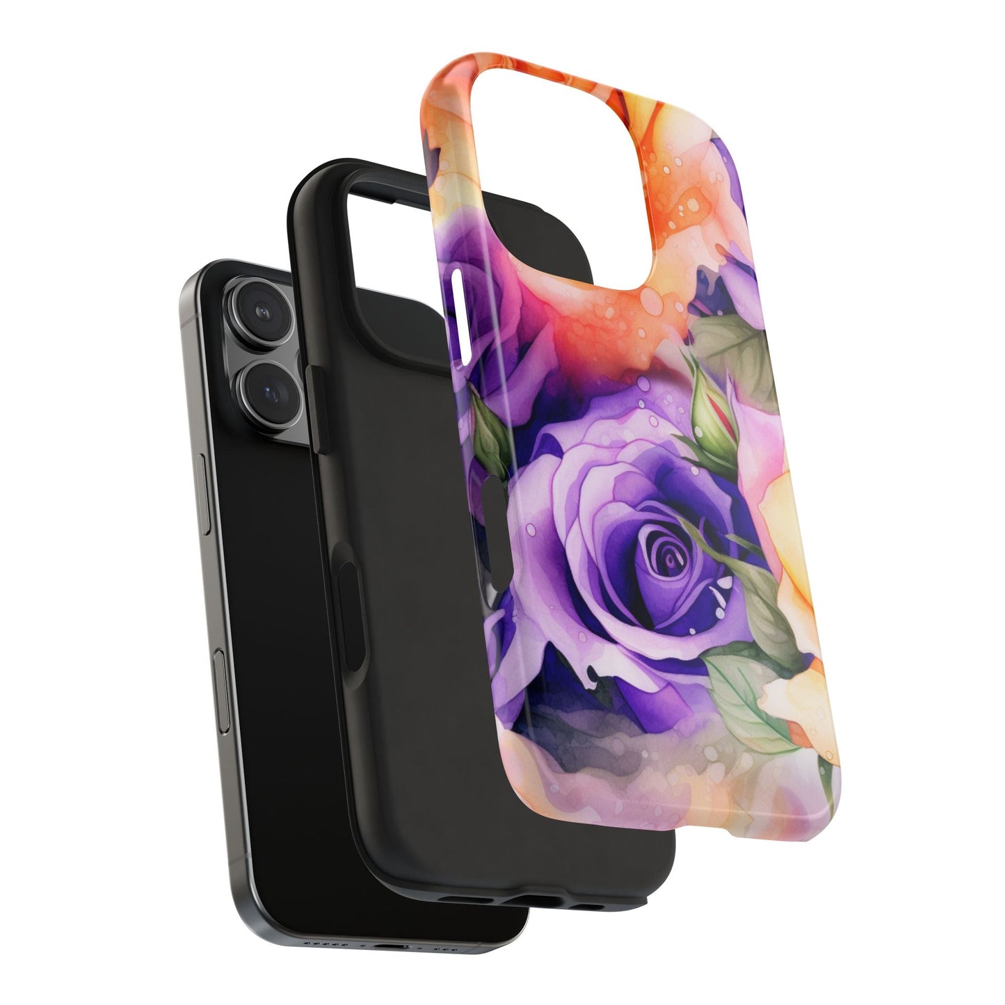 Vibrant Purple & Orange Rose iPhone Case – Watercolor Floral Aesthetic with Shockproof Protection - BOGO Cases