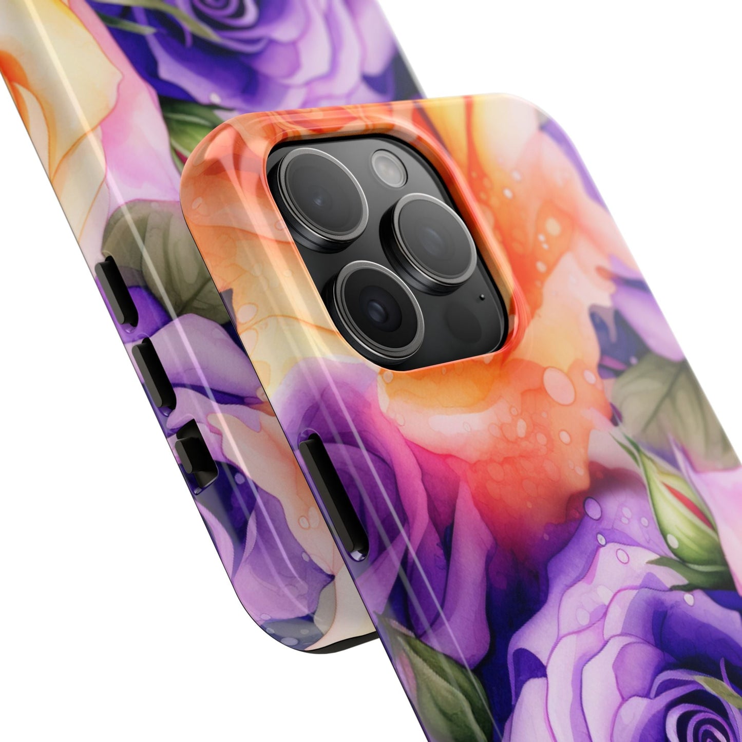 Vibrant Purple & Orange Rose iPhone Case – Watercolor Floral Aesthetic with Shockproof Protection - BOGO Cases