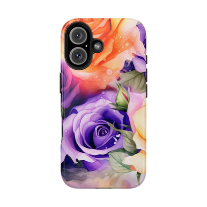 Vibrant Purple & Orange Rose iPhone Case – Watercolor Floral Aesthetic with Shockproof Protection - BOGO Cases