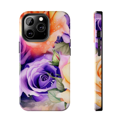 Vibrant Purple & Orange Rose iPhone Case – Watercolor Floral Aesthetic with Shockproof Protection - BOGO Cases