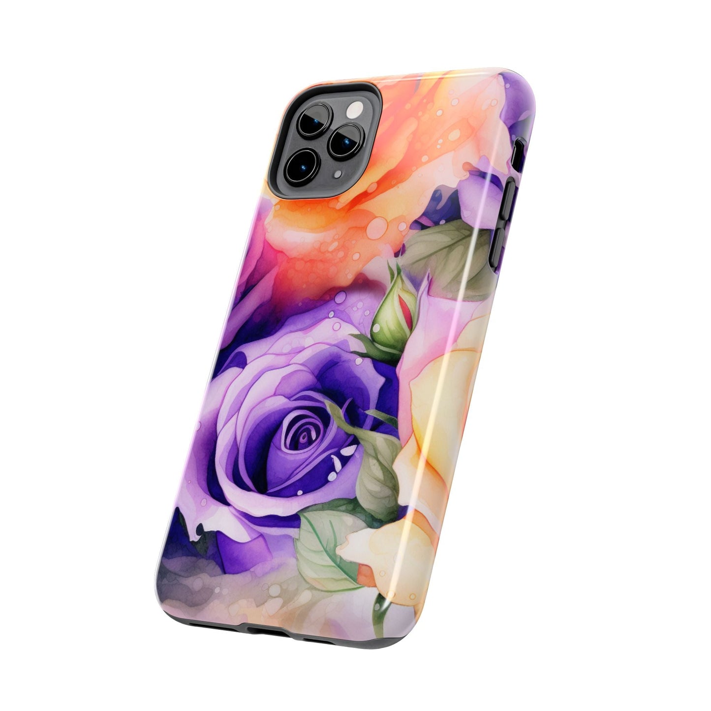 Vibrant Purple & Orange Rose iPhone Case – Watercolor Floral Aesthetic with Shockproof Protection - BOGO Cases