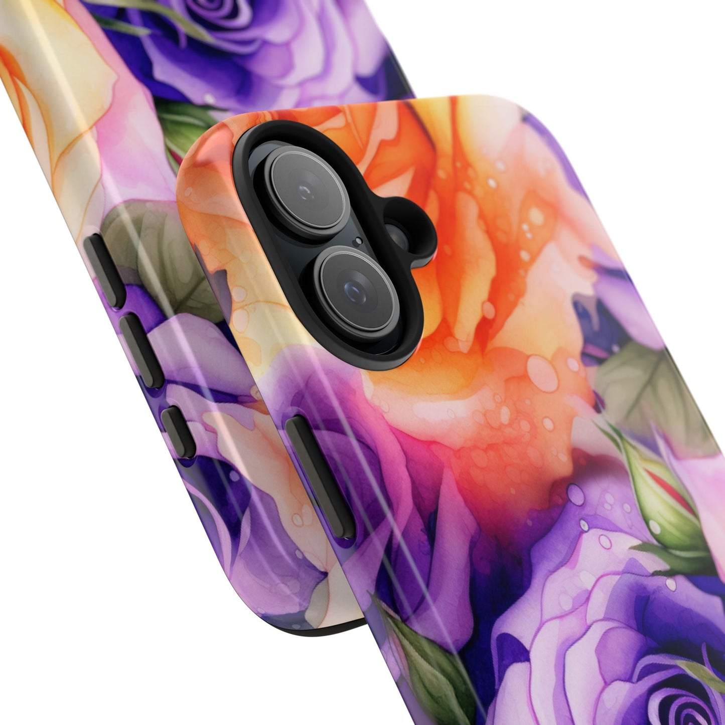 Vibrant Purple & Orange Rose iPhone Case – Watercolor Floral Aesthetic with Shockproof Protection - BOGO Cases