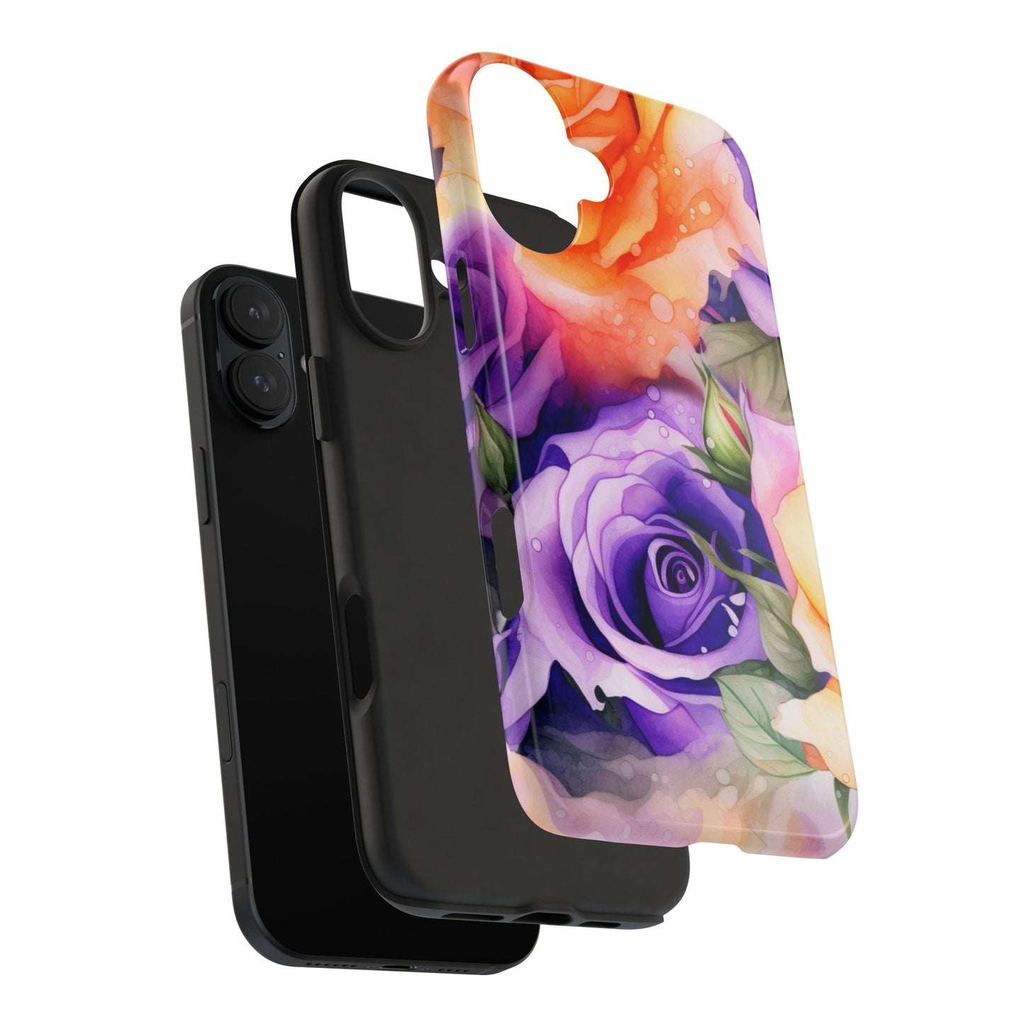 Vibrant Purple & Orange Rose iPhone Case – Watercolor Floral Aesthetic with Shockproof Protection - BOGO Cases