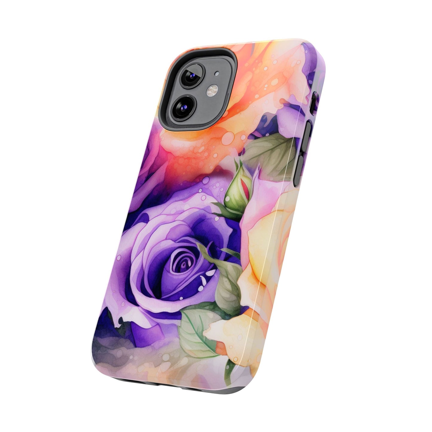 Vibrant Purple & Orange Rose iPhone Case – Watercolor Floral Aesthetic with Shockproof Protection - BOGO Cases