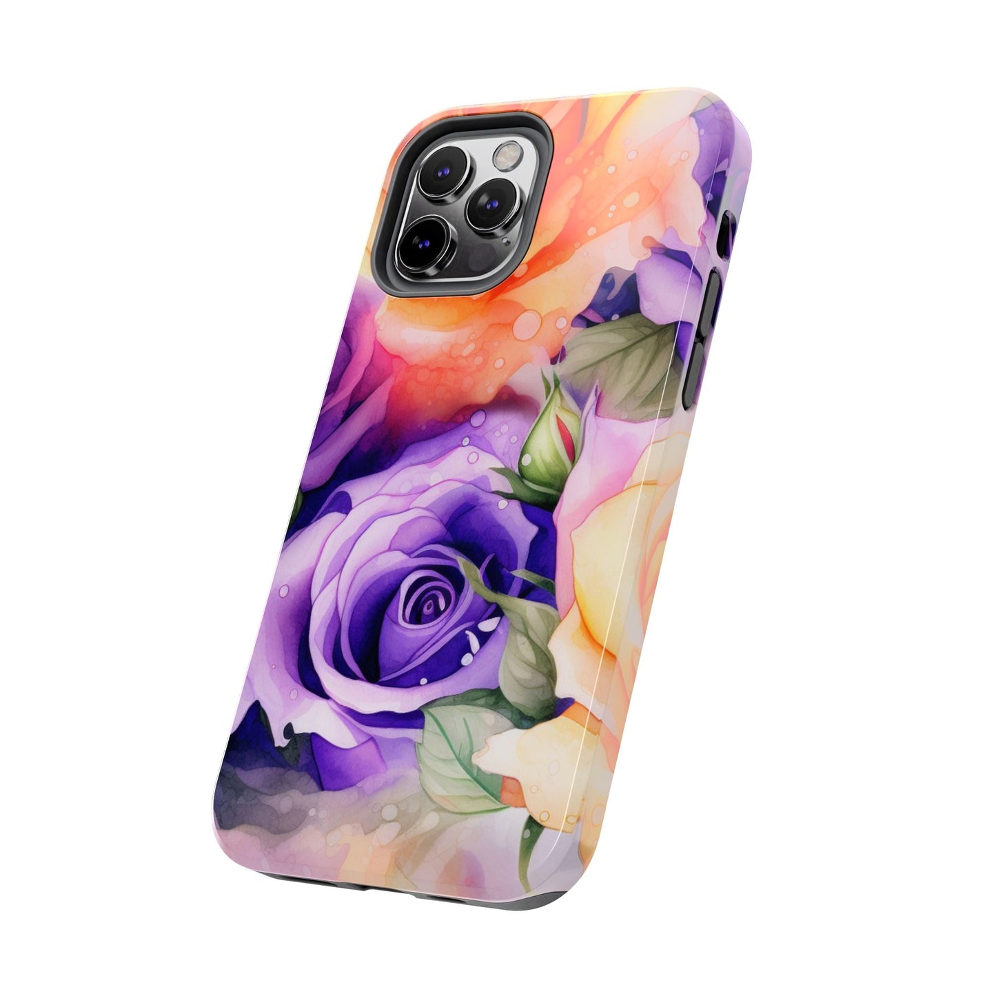 Vibrant Purple & Orange Rose iPhone Case – Watercolor Floral Aesthetic with Shockproof Protection - BOGO Cases