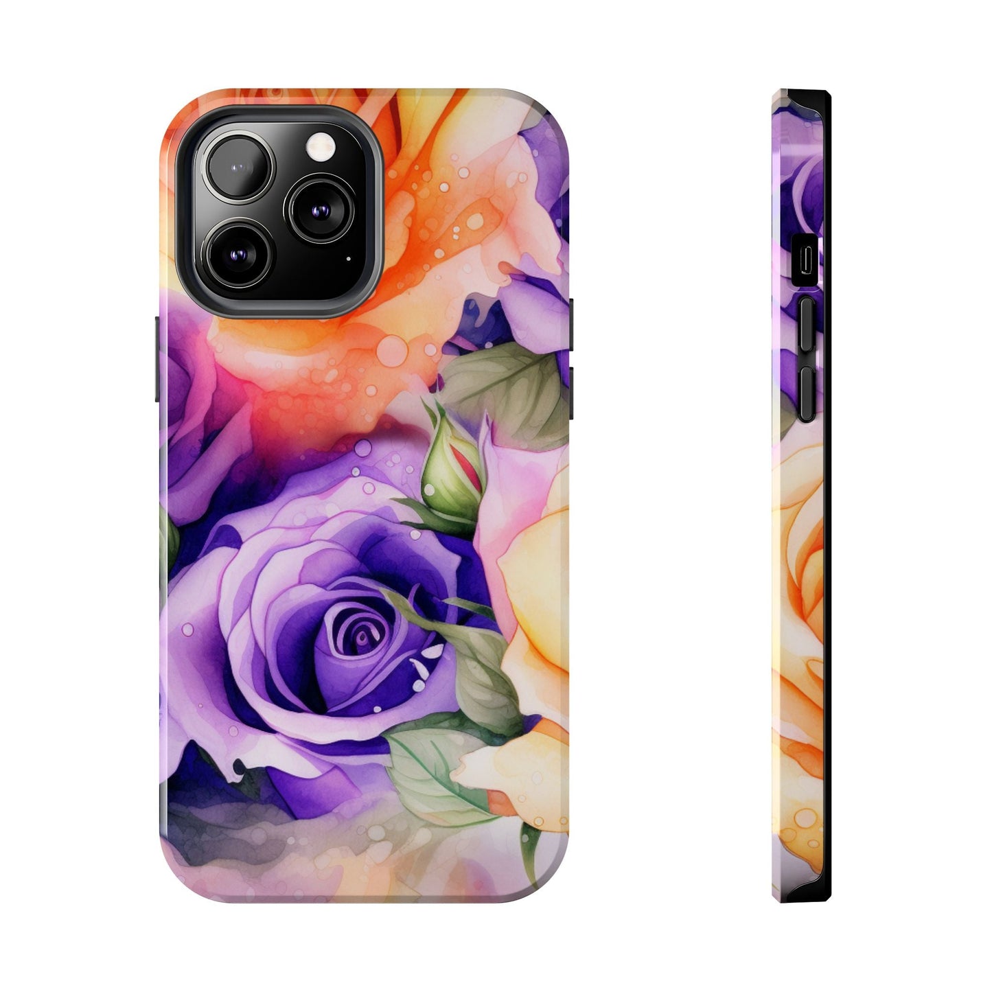 Vibrant Purple & Orange Rose iPhone Case – Watercolor Floral Aesthetic with Shockproof Protection - BOGO Cases