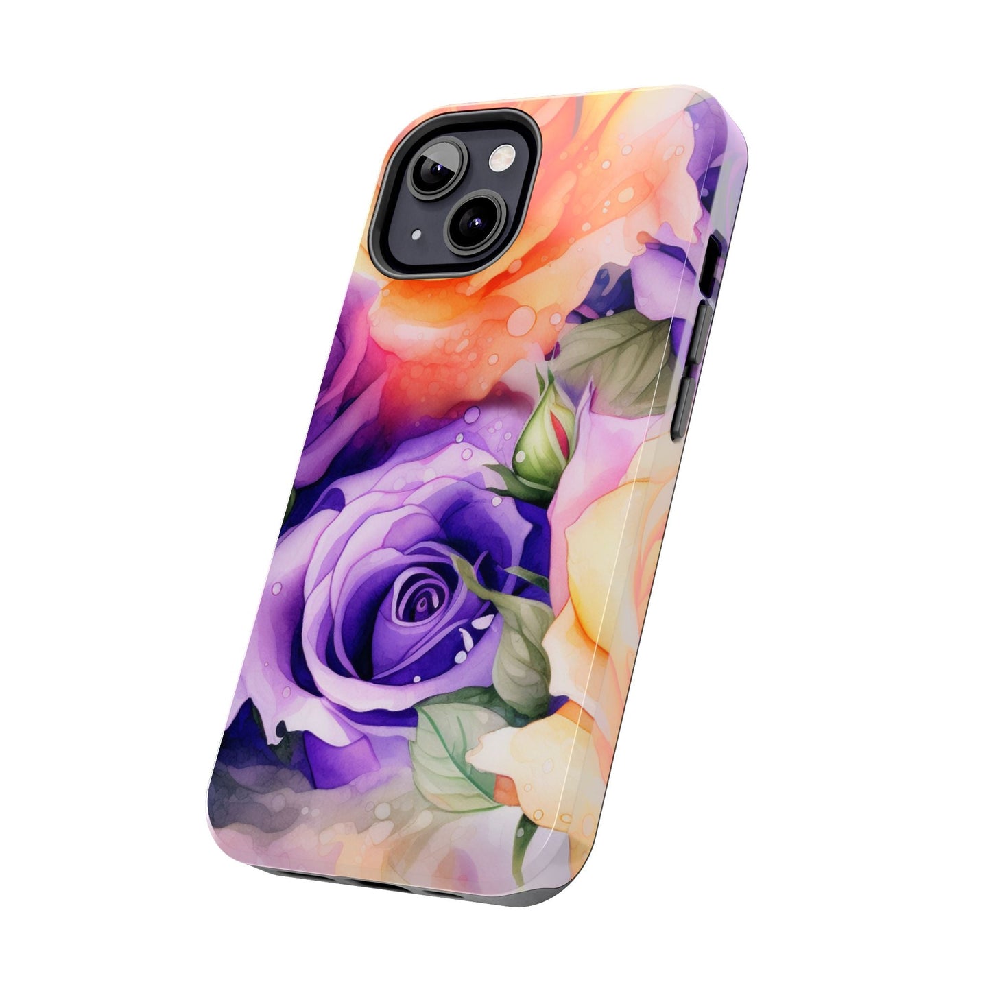 Vibrant Purple & Orange Rose iPhone Case – Watercolor Floral Aesthetic with Shockproof Protection - BOGO Cases