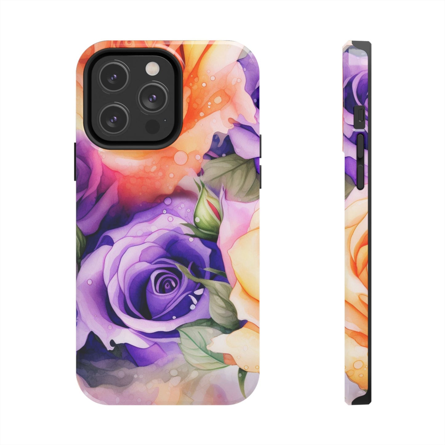 Vibrant Purple & Orange Rose iPhone Case – Watercolor Floral Aesthetic with Shockproof Protection - BOGO Cases