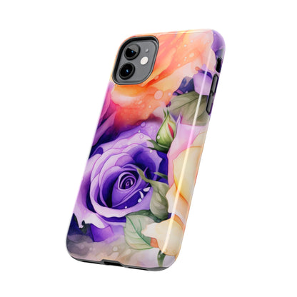Vibrant Purple & Orange Rose iPhone Case – Watercolor Floral Aesthetic with Shockproof Protection - BOGO Cases