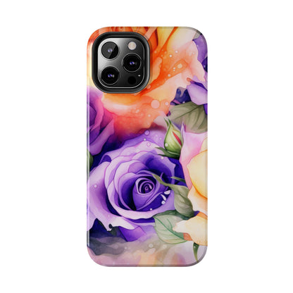 Vibrant Purple & Orange Rose iPhone Case – Watercolor Floral Aesthetic with Shockproof Protection - BOGO Cases