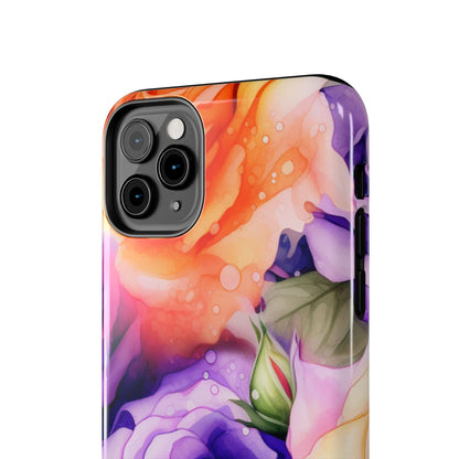 Vibrant Purple & Orange Rose iPhone Case – Watercolor Floral Aesthetic with Shockproof Protection - BOGO Cases