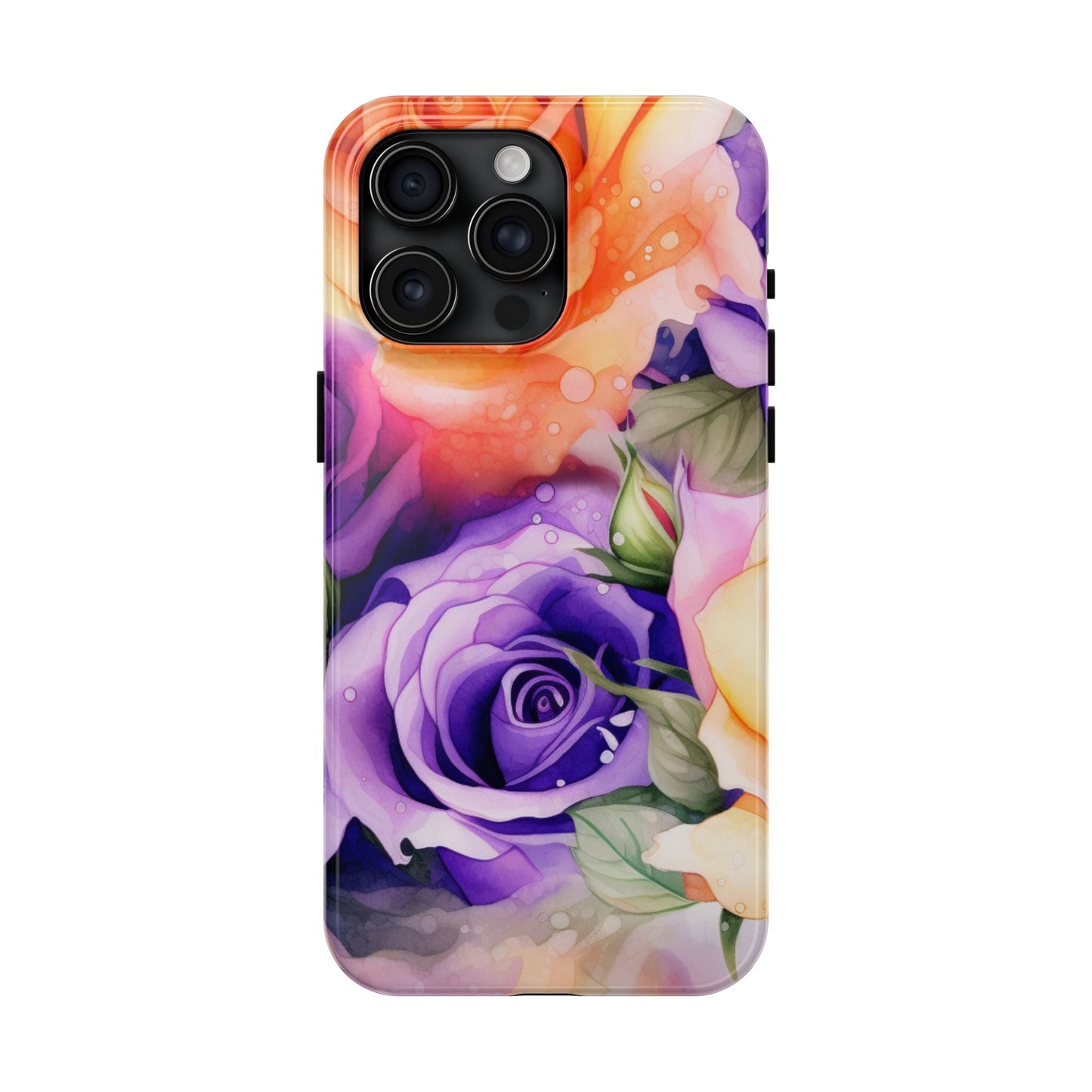 Vibrant Purple & Orange Rose iPhone Case – Watercolor Floral Aesthetic with Shockproof Protection - BOGO Cases