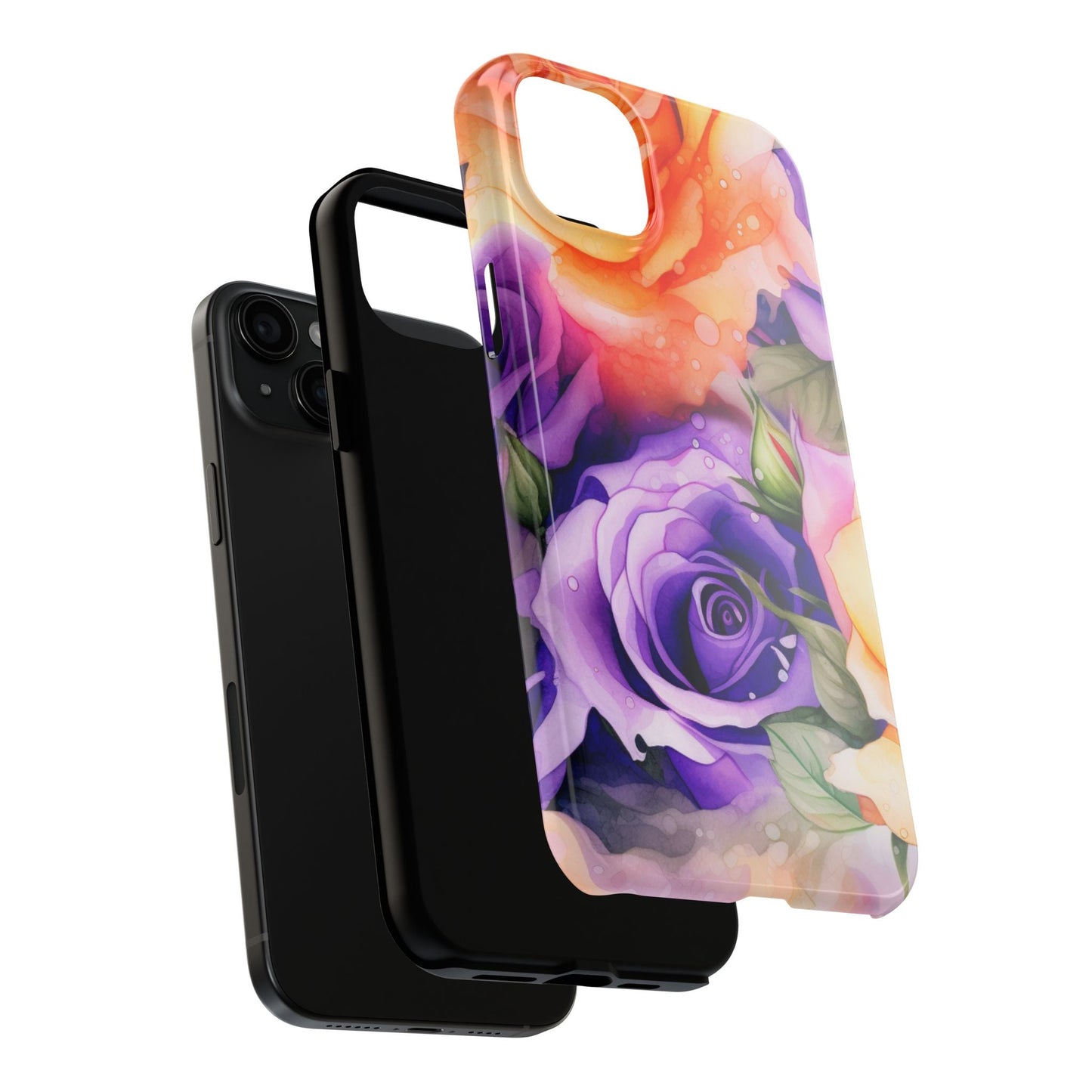 Vibrant Purple & Orange Rose iPhone Case – Watercolor Floral Aesthetic with Shockproof Protection - BOGO Cases