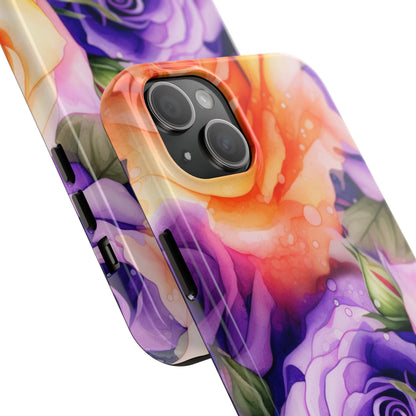 Vibrant Purple & Orange Rose iPhone Case – Watercolor Floral Aesthetic with Shockproof Protection - BOGO Cases
