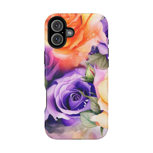Vibrant Purple & Orange Rose MagSafe iPhone Case – Watercolor Floral Aesthetic with Wireless Charging - BOGO Cases