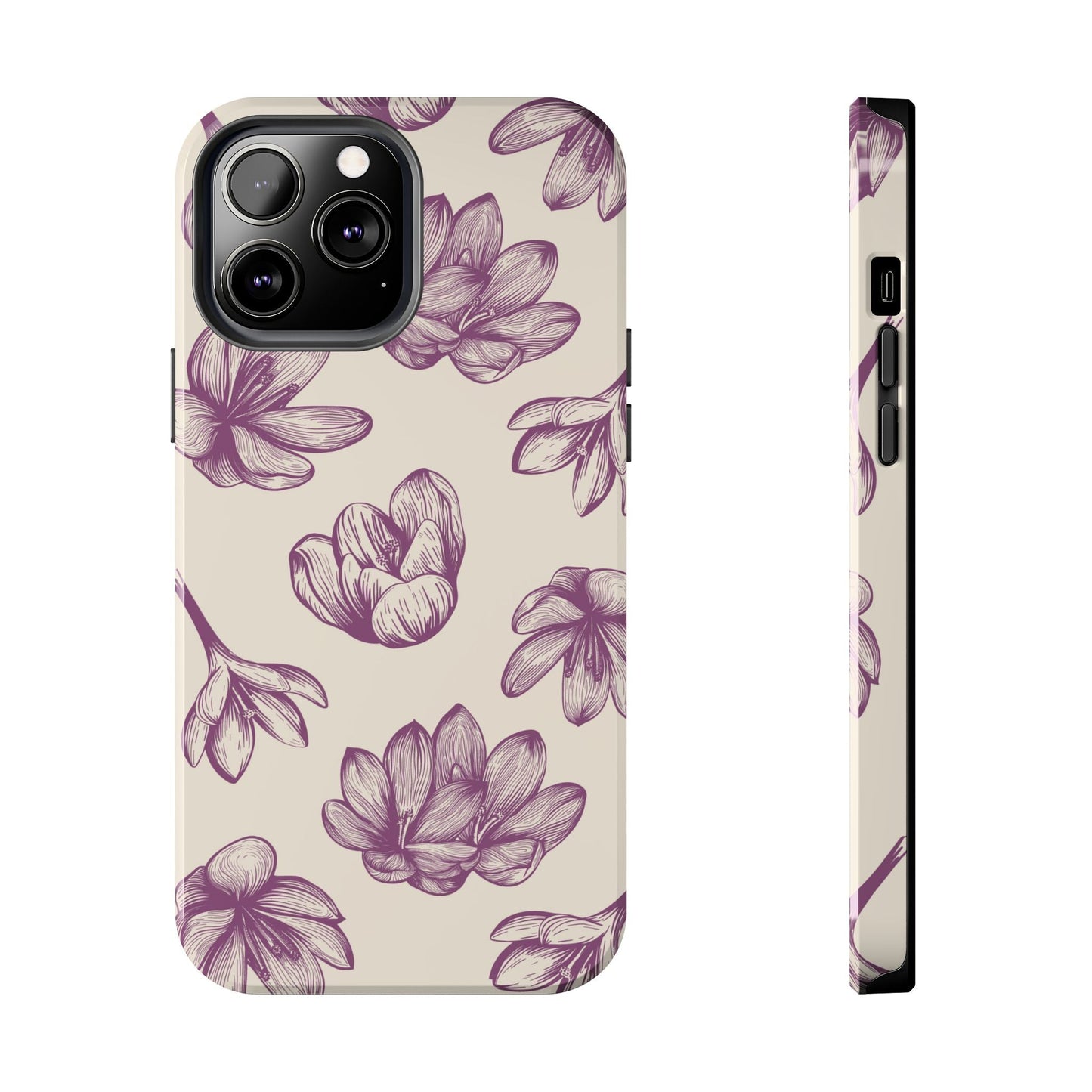 Vintage Botanical Floral Tough iPhone Case – Hand - Drawn Purple Flowers, Shockproof Design - BOGO Cases