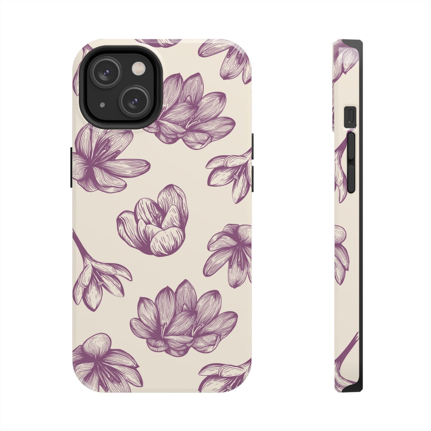 Vintage Botanical Floral Tough iPhone Case – Hand - Drawn Purple Flowers, Shockproof Design - BOGO Cases