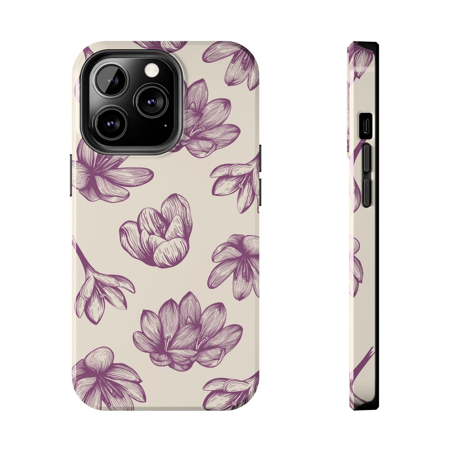 Vintage Botanical Floral Tough iPhone Case – Hand - Drawn Purple Flowers, Shockproof Design - BOGO Cases