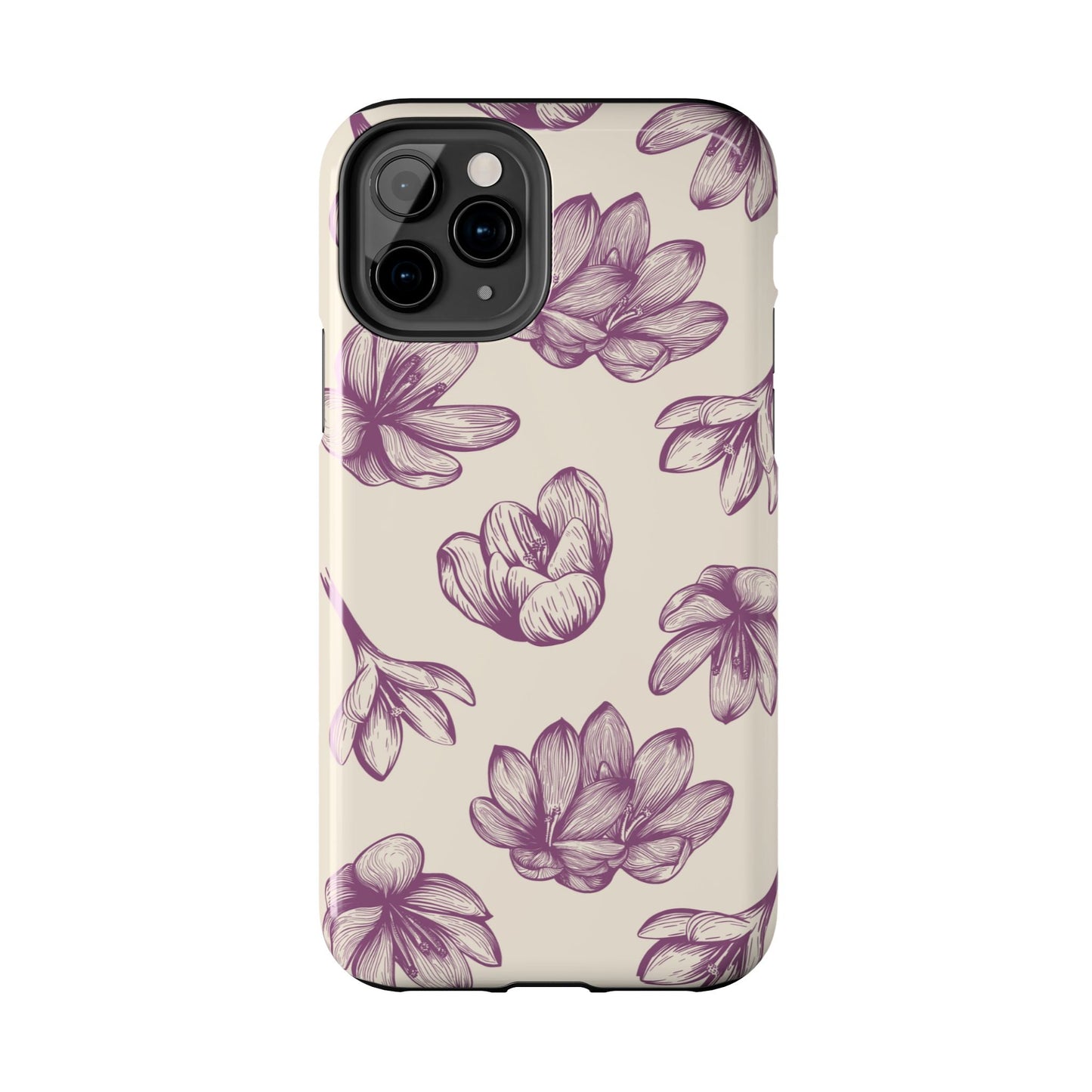 Vintage Botanical Floral Tough iPhone Case – Hand - Drawn Purple Flowers, Shockproof Design - BOGO Cases