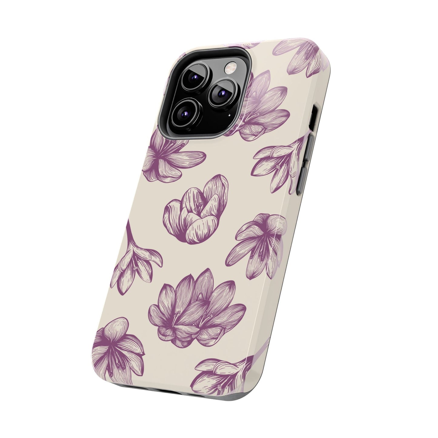 Vintage Botanical Floral Tough iPhone Case – Hand - Drawn Purple Flowers, Shockproof Design - BOGO Cases