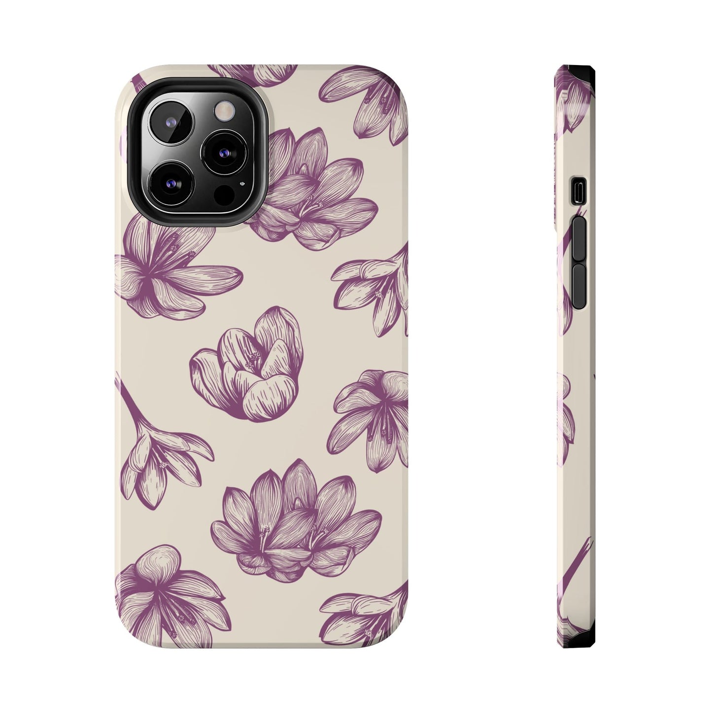 Vintage Botanical Floral Tough iPhone Case – Hand - Drawn Purple Flowers, Shockproof Design - BOGO Cases