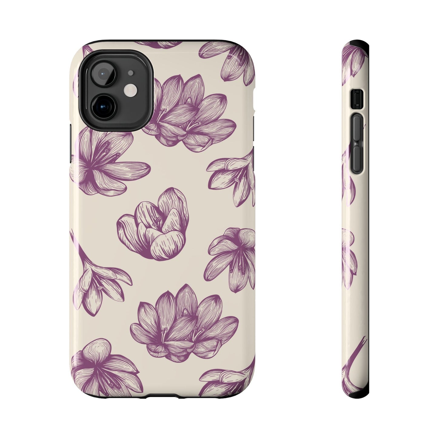 Vintage Botanical Floral Tough iPhone Case – Hand - Drawn Purple Flowers, Shockproof Design - BOGO Cases