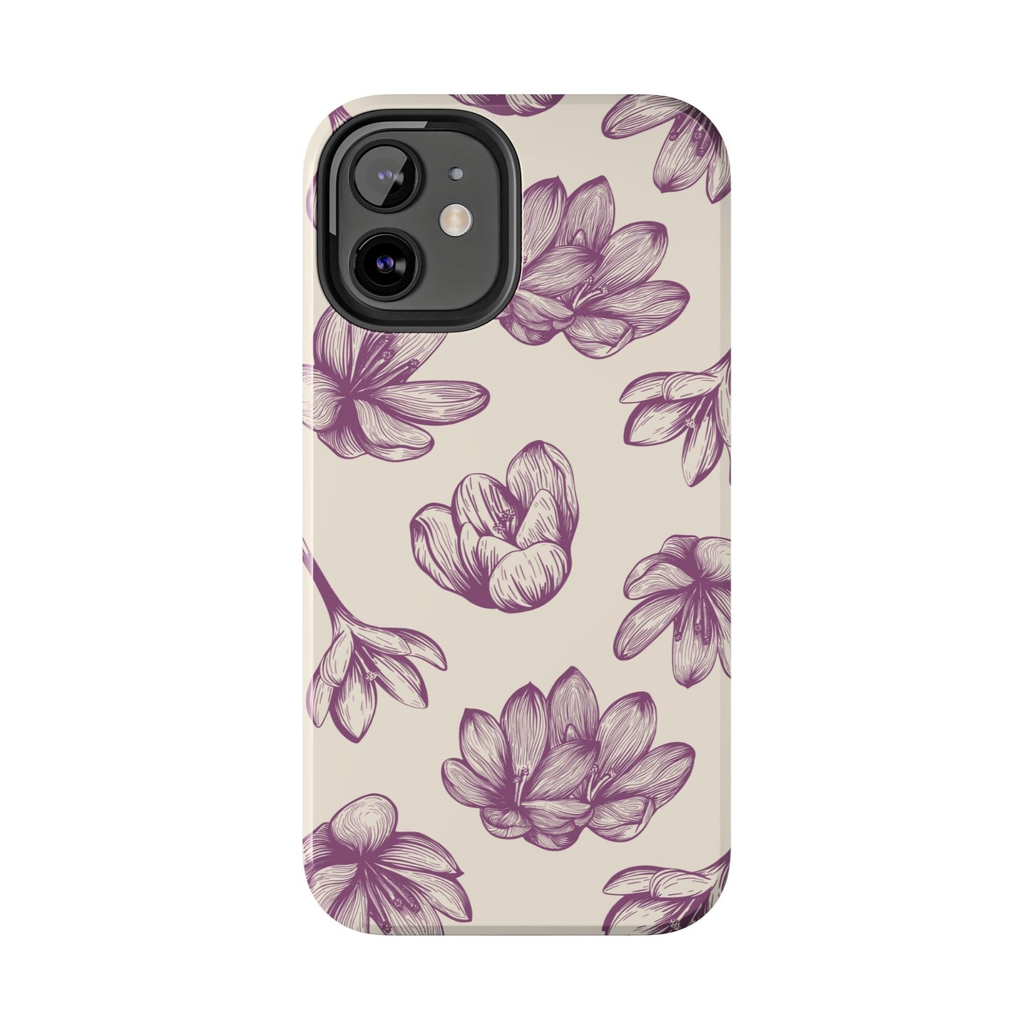 Vintage Botanical Floral Tough iPhone Case – Hand - Drawn Purple Flowers, Shockproof Design - BOGO Cases