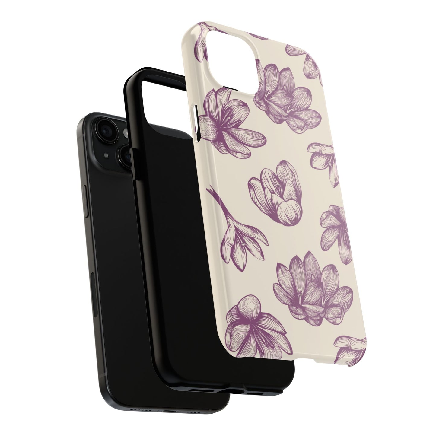 Vintage Botanical Floral Tough iPhone Case – Hand - Drawn Purple Flowers, Shockproof Design - BOGO Cases