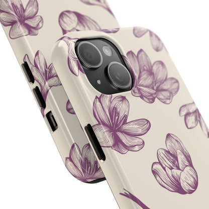 Vintage Botanical Floral Tough iPhone Case – Hand - Drawn Purple Flowers, Shockproof Design - BOGO Cases