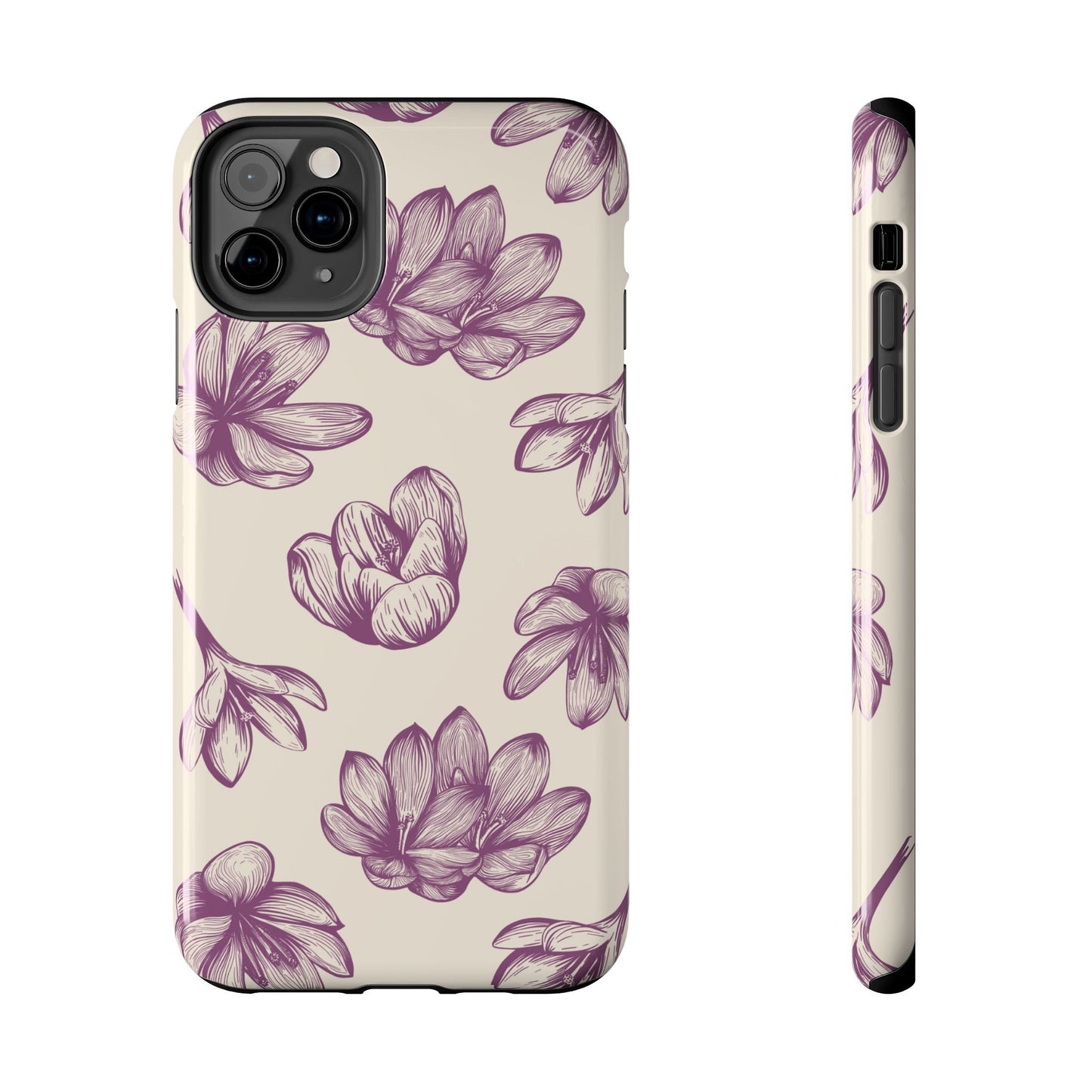 Vintage Botanical Floral Tough iPhone Case – Hand - Drawn Purple Flowers, Shockproof Design - BOGO Cases