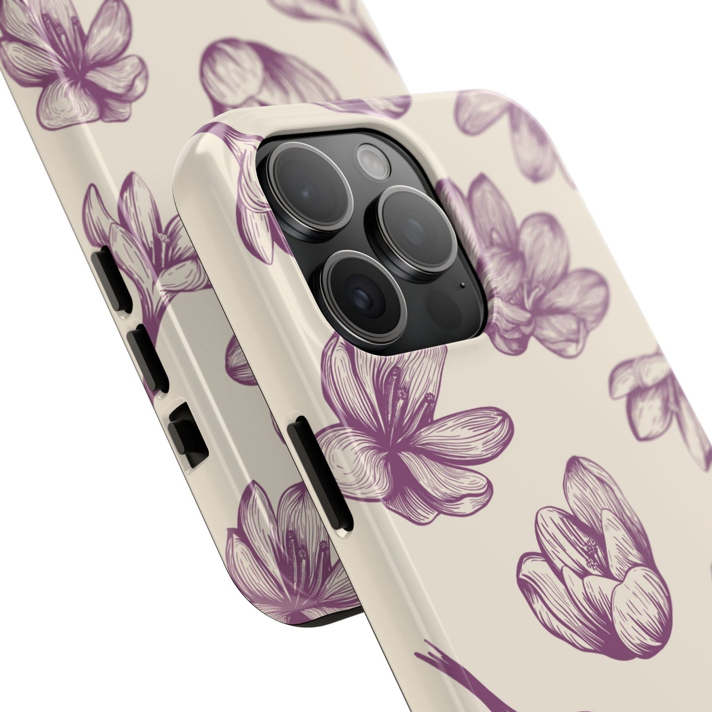 Vintage Botanical Floral Tough iPhone Case – Hand - Drawn Purple Flowers, Shockproof Design - BOGO Cases