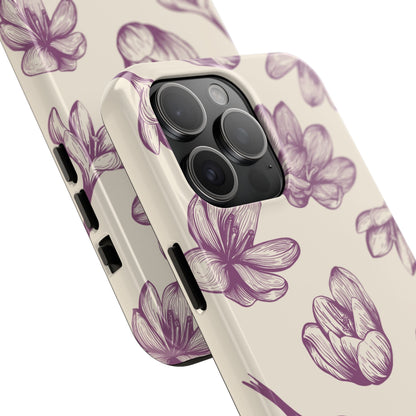 Vintage Botanical Floral Tough iPhone Case – Hand - Drawn Purple Flowers, Shockproof Design - BOGO Cases