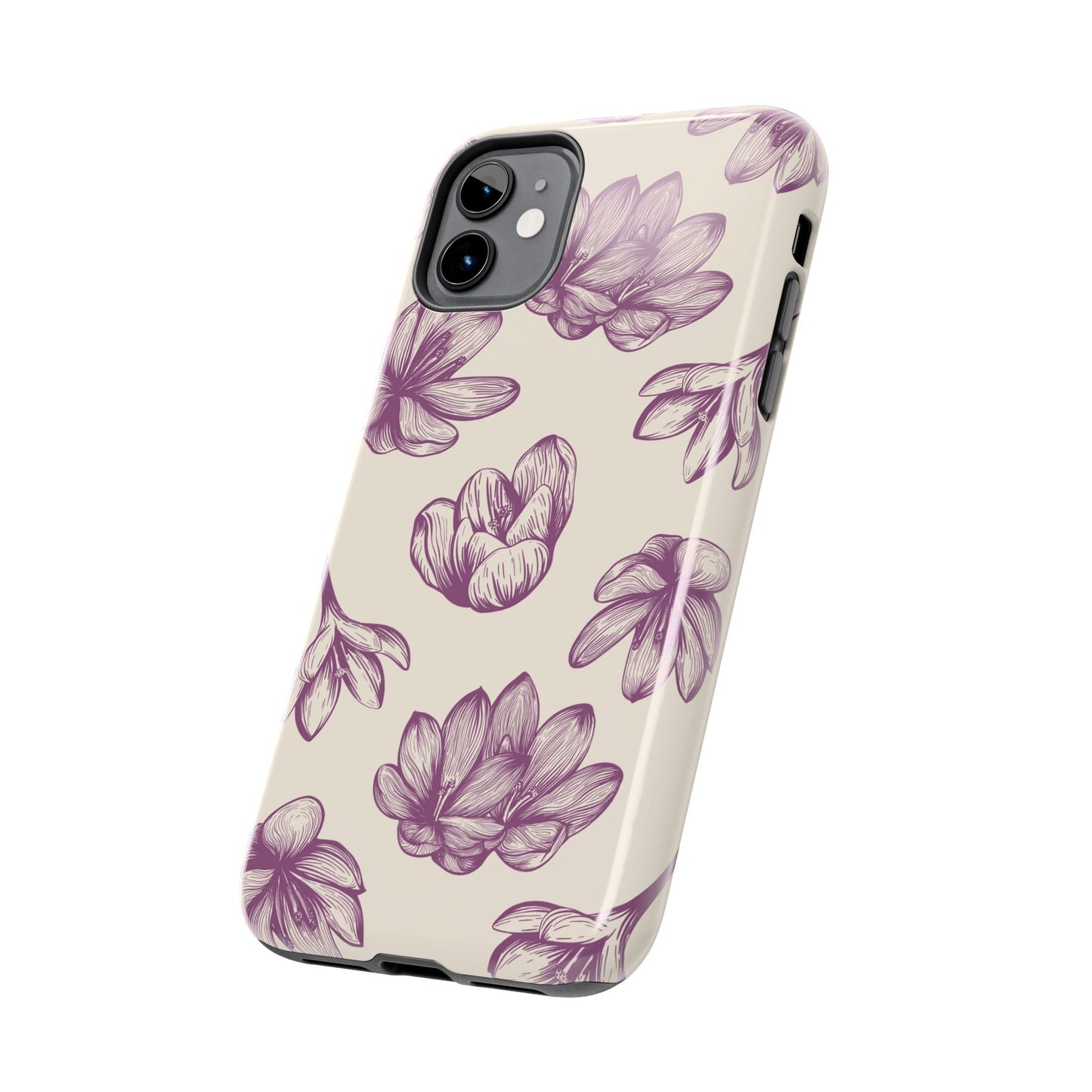 Vintage Botanical Floral Tough iPhone Case – Hand - Drawn Purple Flowers, Shockproof Design - BOGO Cases