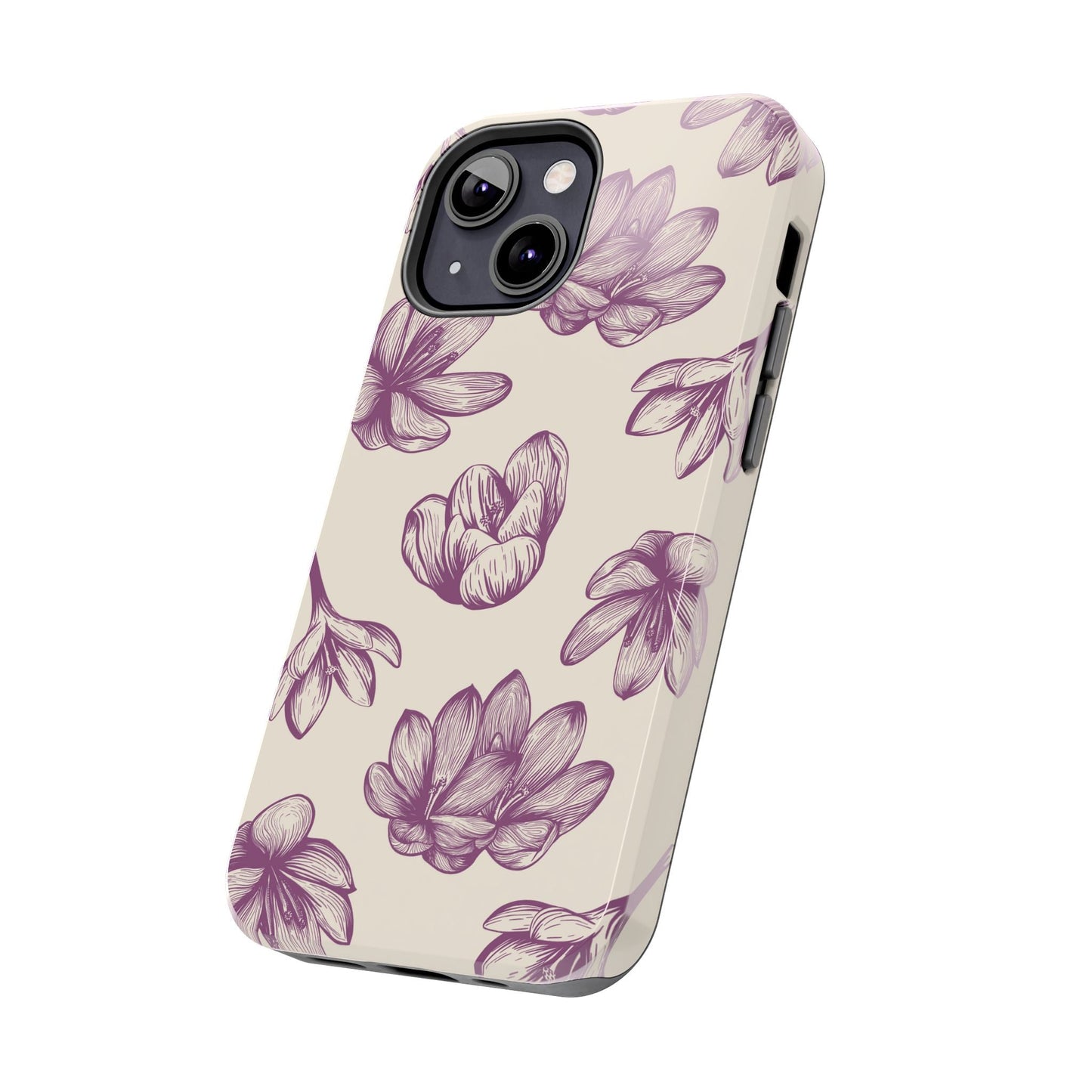 Vintage Botanical Floral Tough iPhone Case – Hand - Drawn Purple Flowers, Shockproof Design - BOGO Cases