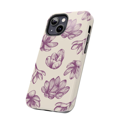 Vintage Botanical Floral Tough iPhone Case – Hand - Drawn Purple Flowers, Shockproof Design - BOGO Cases