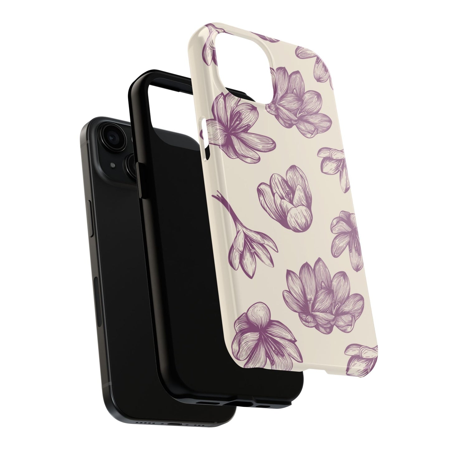 Vintage Botanical Floral Tough iPhone Case – Hand - Drawn Purple Flowers, Shockproof Design - BOGO Cases