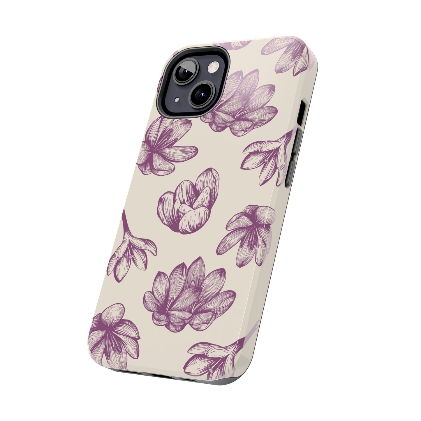 Vintage Botanical Floral Tough iPhone Case – Hand - Drawn Purple Flowers, Shockproof Design - BOGO Cases